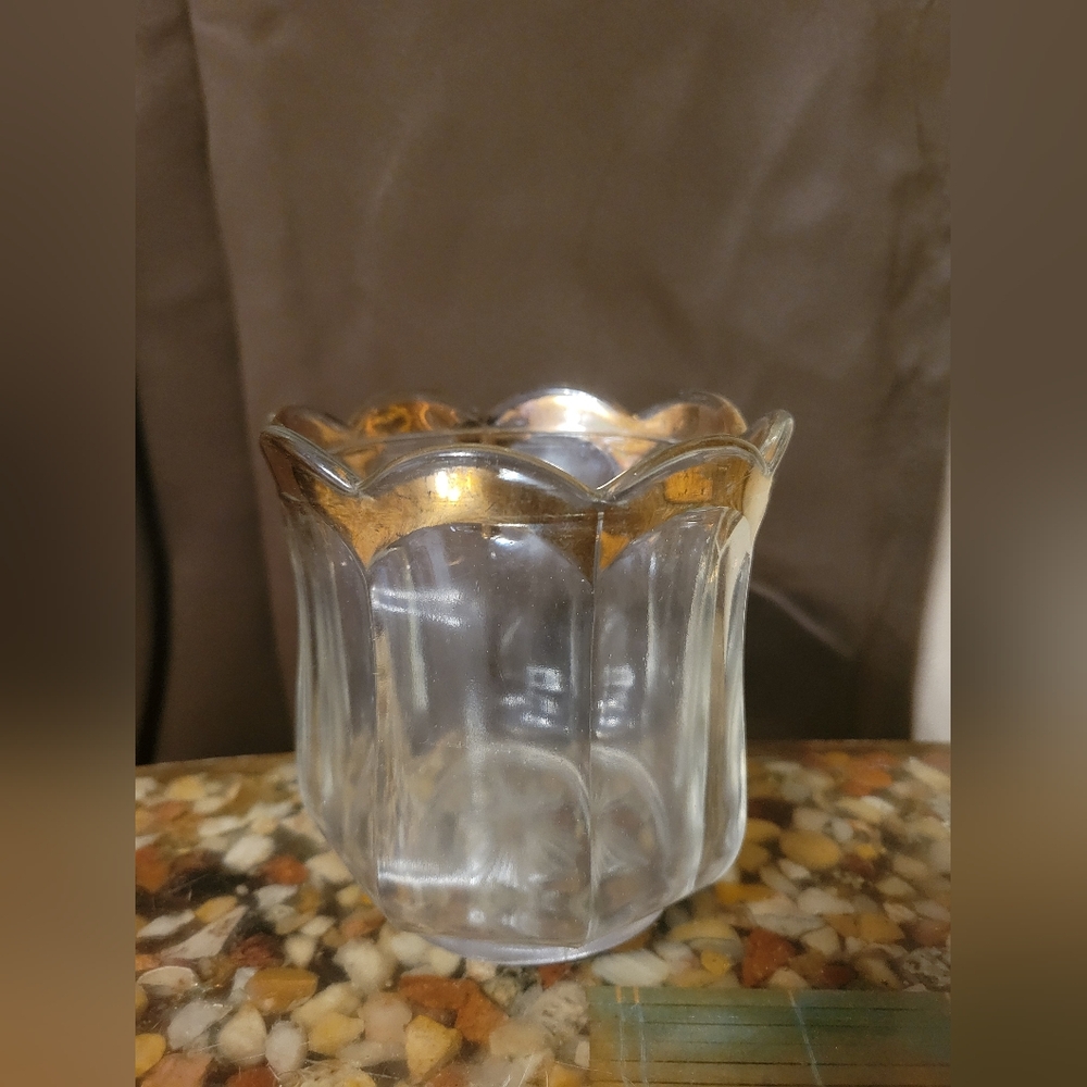 vintage heisey colonia glass‎ spoon holder scalloped gold top starburst bottom